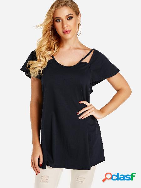 Navy Backless Hollow Design Plain Round Neck Short Sleeves