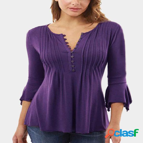 Purple Pleated Design V-neck Flared Sleeves Blouse