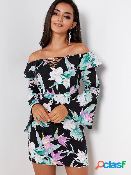 Random Floral Print Criss-cross Off The Shoulder Party Dress