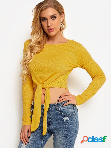 Yellow Self-tie Design Plain Round Neck Long Sleeves