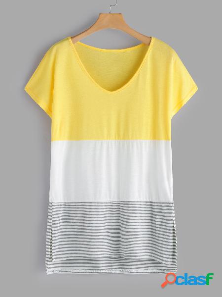 Yellow Slit Design Stripe Crew Neck Short Sleeves T-shirt