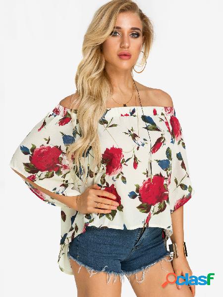 Beige Slit Design Random Floral Print Off Shoulder Blouse