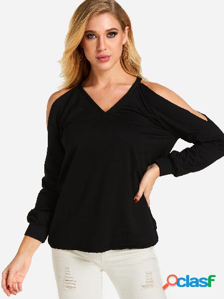 Black Plain Cold Shoulder Long Sleeves T-shirt