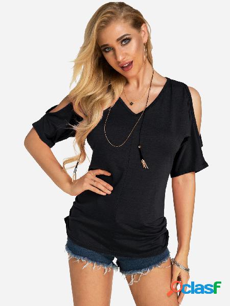 Black Pleated Design Cold Shoulder V-neck T-shirt