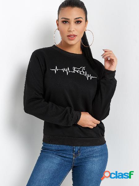 Black Printed Crew Neck Long Sleeves Sweatshirt