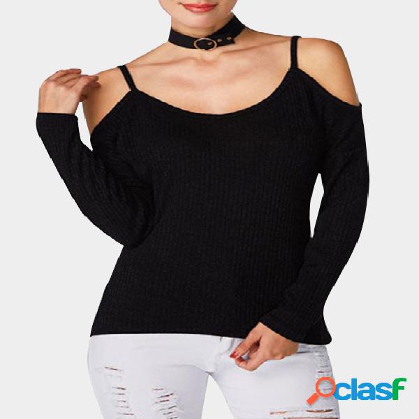 Black Spaghetti Cold Shoulder Long Sleeves T-shirt