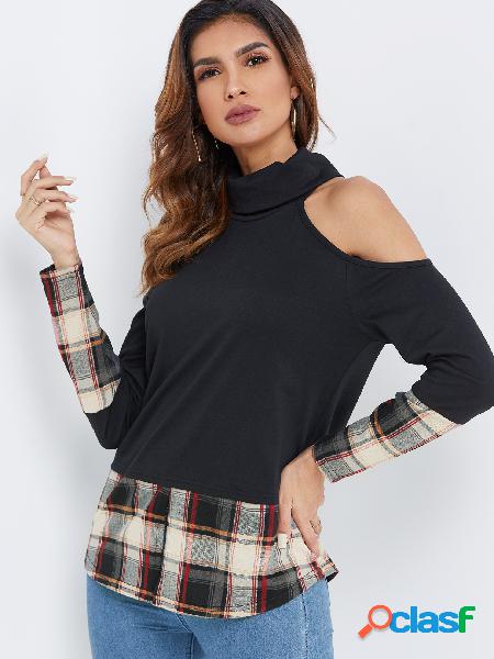 Black Turtleneck Cold Shoulder Long Sleeves T-shirt