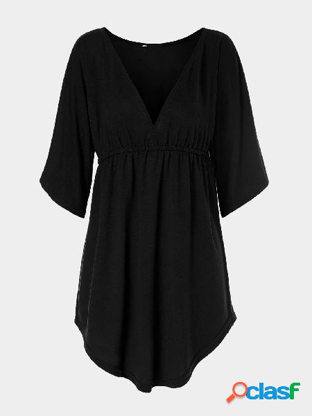 Black V-Neck Bat Sleeves Loose Fit Top