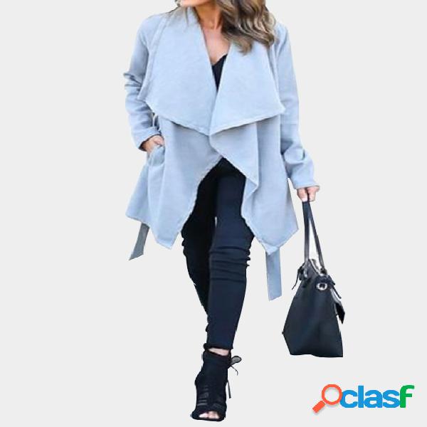 Blue Oversize Lapel Colar Longline Tweed Coat with Waist Tie