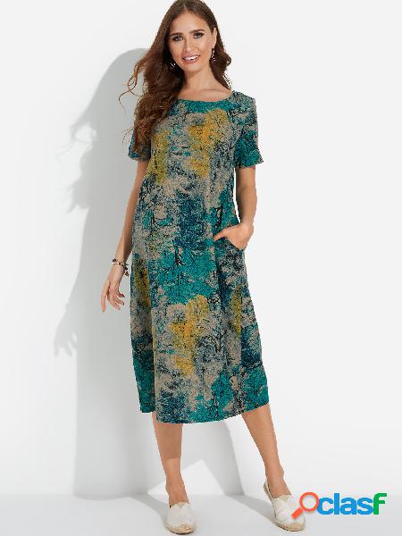 Boho Style Leaves Print Round Neck Short Sleeves Midi Dress