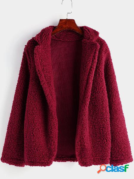 Burgundy Lapel Collar Long Sleeves Faux Fur Teddy Coat