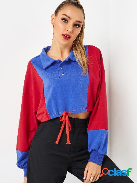 Color Block Self-tie Design Lapel Collar Long Sleeves