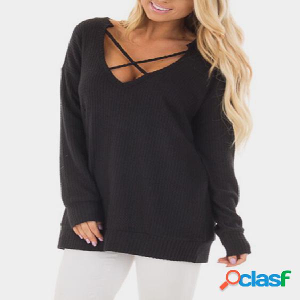 Crossed Front Design V-neck Long Sleeves T-shirt in Black