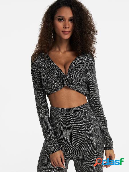 Dark Grey V-neck Long Sleeves Knot Crop Top