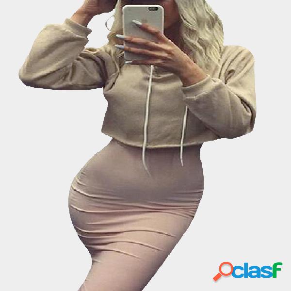 Khaki Casual Cropped Hoodie With Long Sleeves