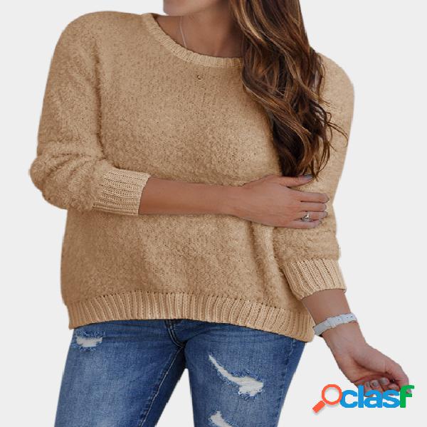 Khaki Round Neck Plush Knitted Details Sweater