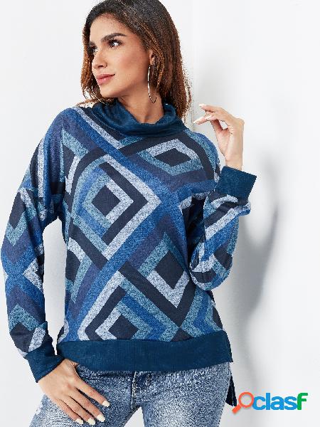 Navy Geometrical Pattern Long Sleeves Turtleneck Tee