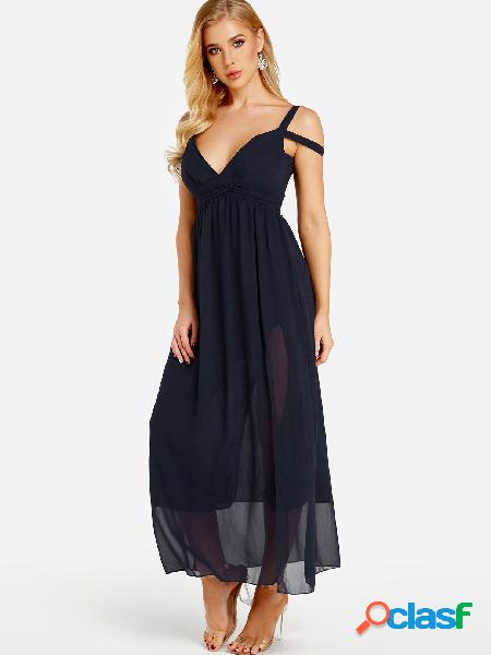 Navy Slit Design Cold Shoulder Party Dress