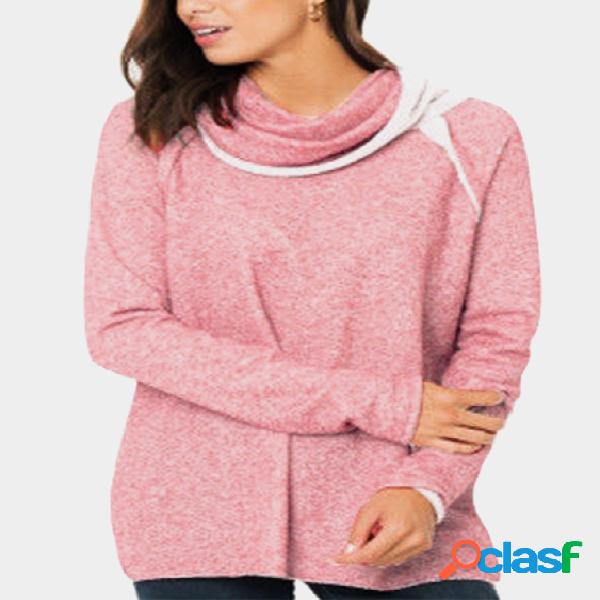 Pink Contrasting Roll Neck Long Sleeves Stitching Sweatshirt