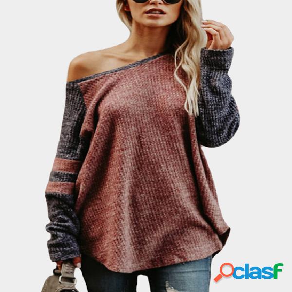 Rust Knitting Design Stripe Round Neck Long Sleeves T-shirts