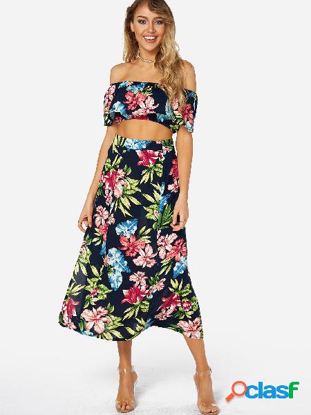 Tiered Design Random Floral Print Off The Shoulder Top And