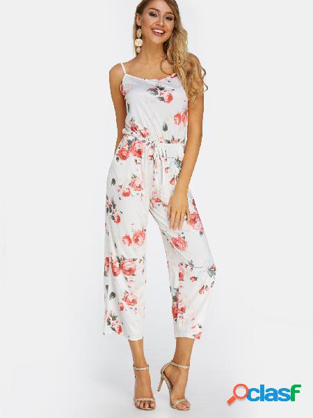 White Backless Design Radndom Floral Print Drawstring Waist