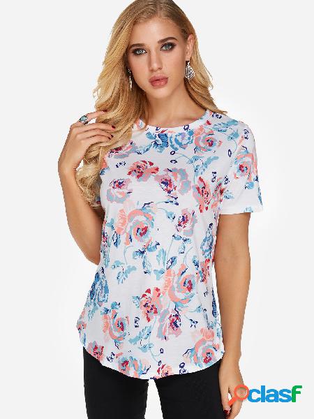 White Causal Random Floral Print Round Neck T-shirt