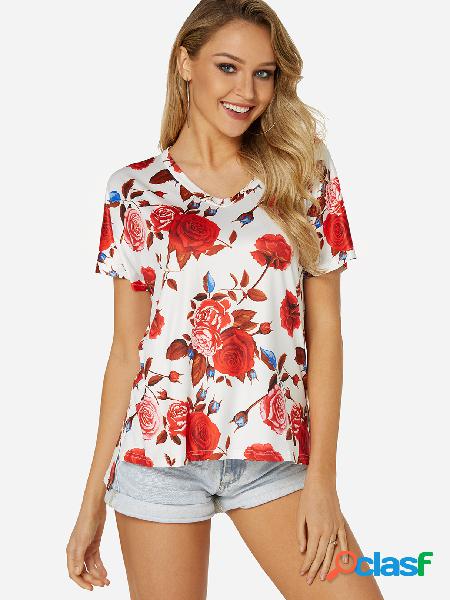 White Slit Design Floral Print Round Neck Short Sleeves