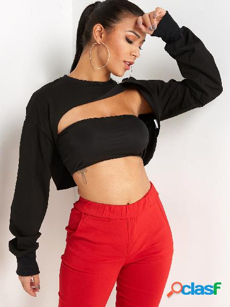 Black Cut Out Round Neck Long Sleeves Crop Sweatshirt