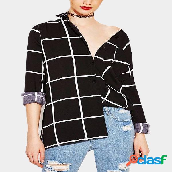 Black Grid Pattern V-neck Long Sleeves Blouse