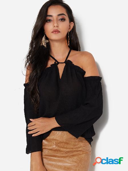 Black Sheer Cold Shoulder Long Sleeves Top