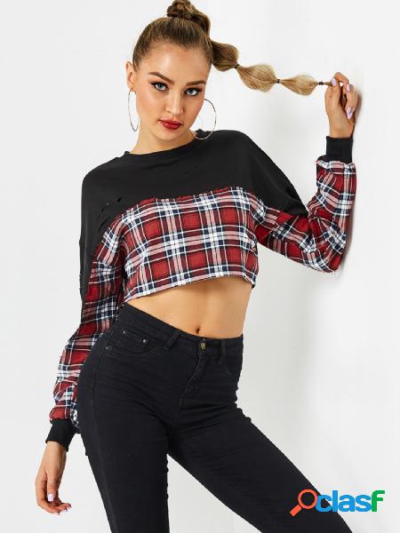 Color Block Grid Round Neck Long Sleeves Crop Sweatshirt