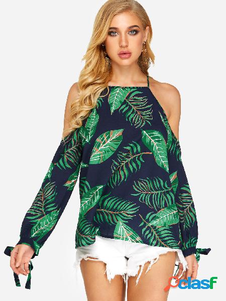 Green Self-tie Design Random Leaf Print Cold Shoulder Long