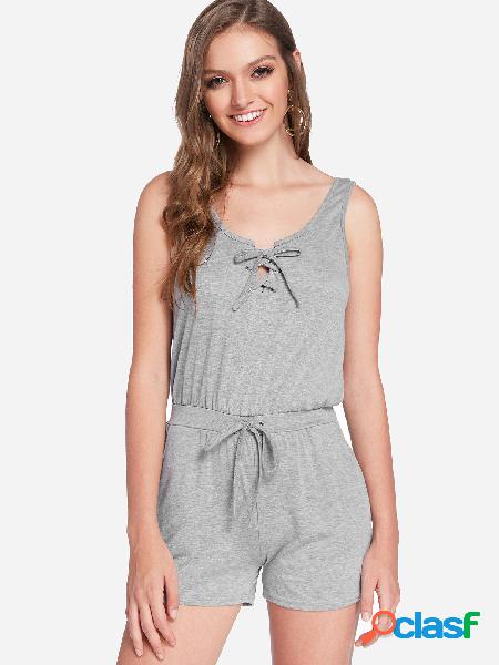 Grey Self-tie Design Plain Scoop Neck Sleeveless Playsuits