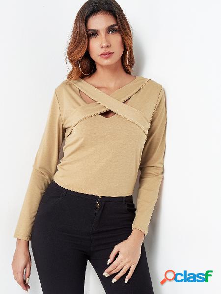 Khaki Cross Neck Keyhole Cutout Front Long Sleeved Top