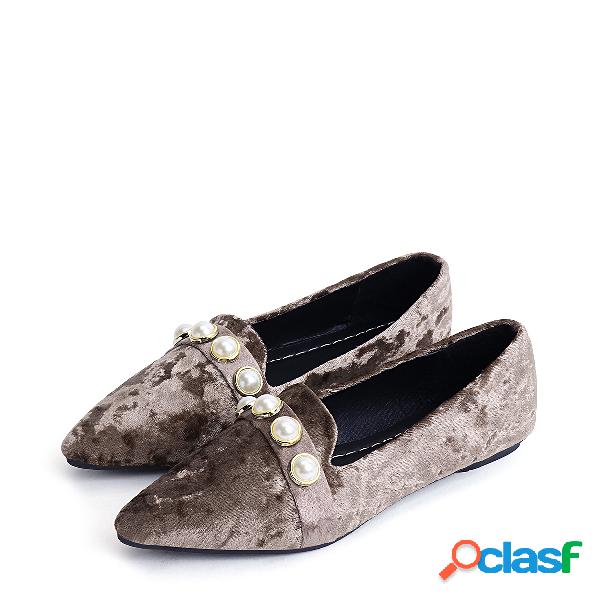 Khaki Faux Pearl Point Toe Suede Flats