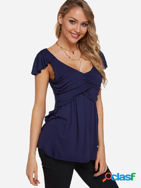 Navy Pleated Design V-neck Cap Sleeves Blouse