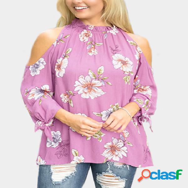 Pink Chiffon Floral Print Cold Shoulder Tie Cuff Blouses