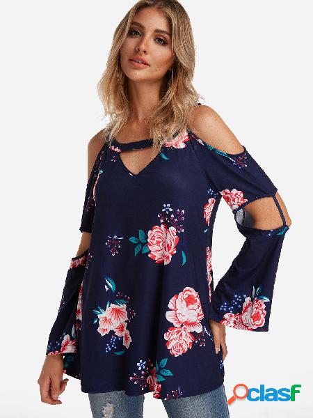 Random Floral Print Choker Neck Cold Shoulder Long Sleeves