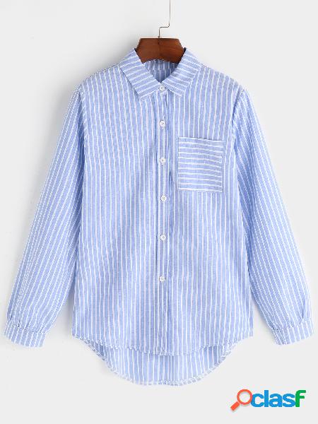 Sky Blue Stripe General Collar Long Sleeves Shirt