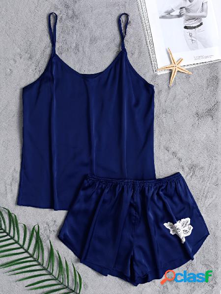 V-neck Silk Material Pajamas Set in Blue