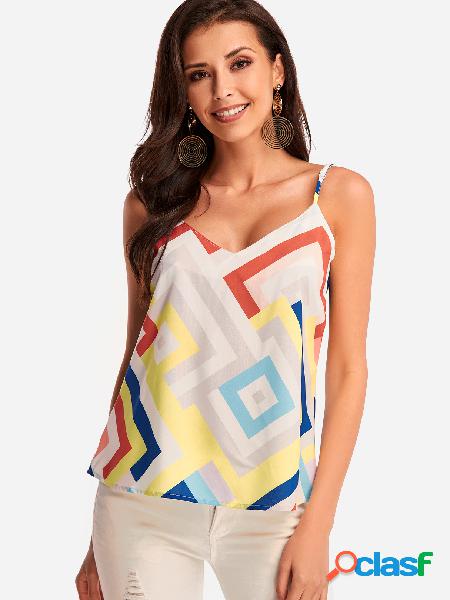 White Adjustable Spaghetti Straps Geometrical V-neck