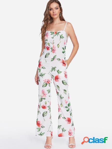 White Backless Random Floral Print High-waisted Jumpsuit
