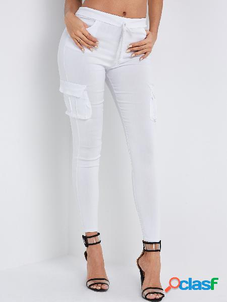 White Side Pockets Plain Drawstring Waist Skinny Cargo Pants