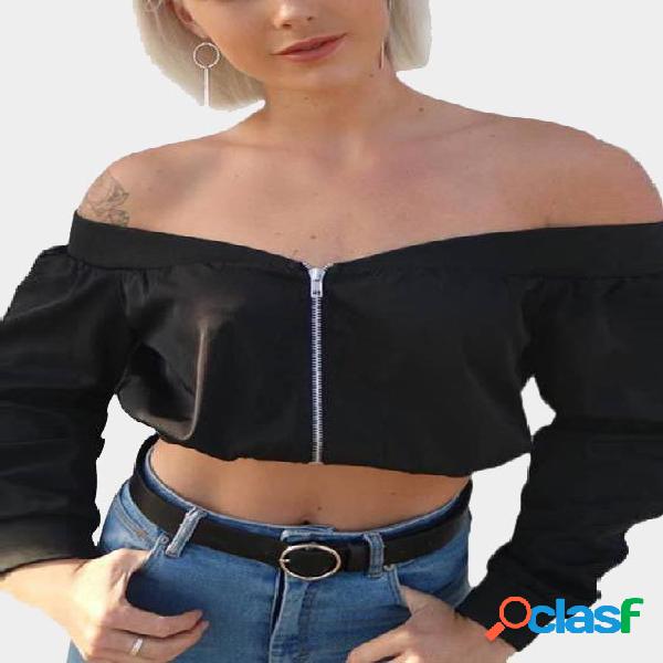 Black Off-the-shoulder Zipper Design Crop Top