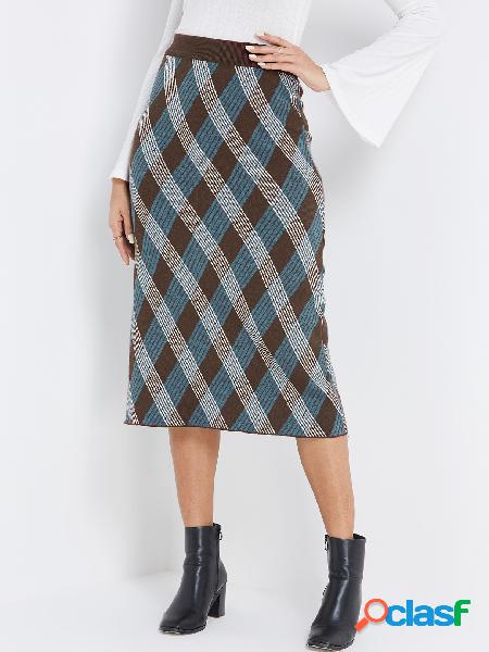 Blue Plaid High Waisted Midi Knit Skirts