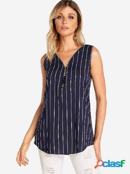 Blue Zip Design Stripe V-neck Vest