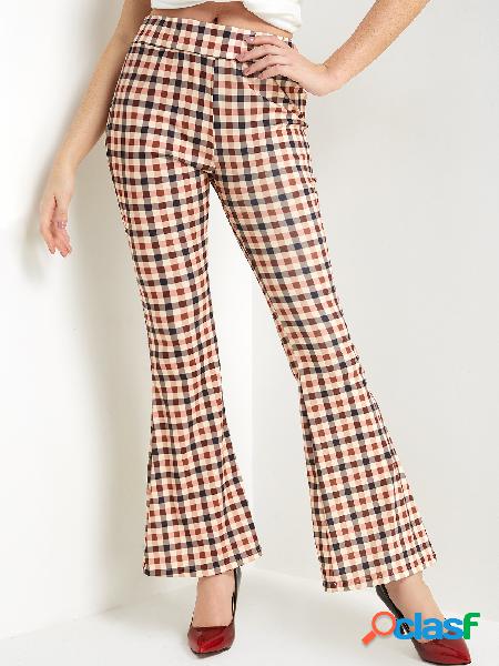 Brown Plaid Wide Leg Mid Waist Pants