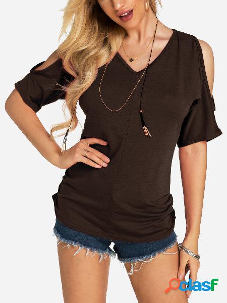 Coffee Pleated Design Cold Shoulder V-neck T-shirt