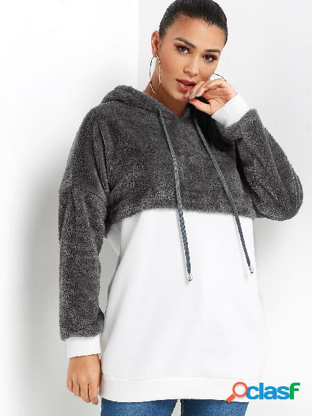 Color Block Fuffly Drawstring Hoodie